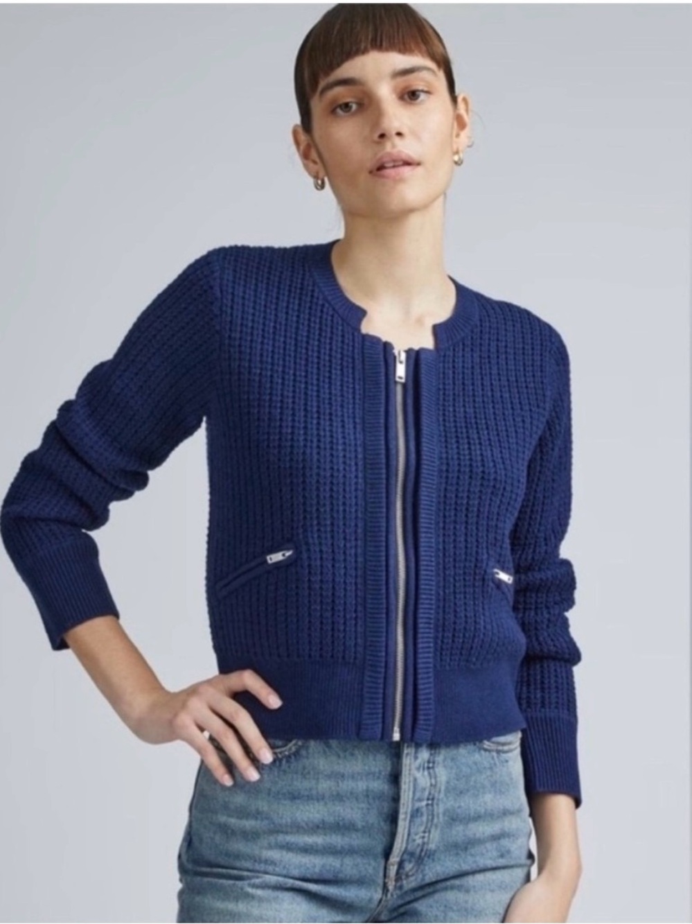 Everlane cropped waffleknit zip cardigan, Size M, navy blue. EUC